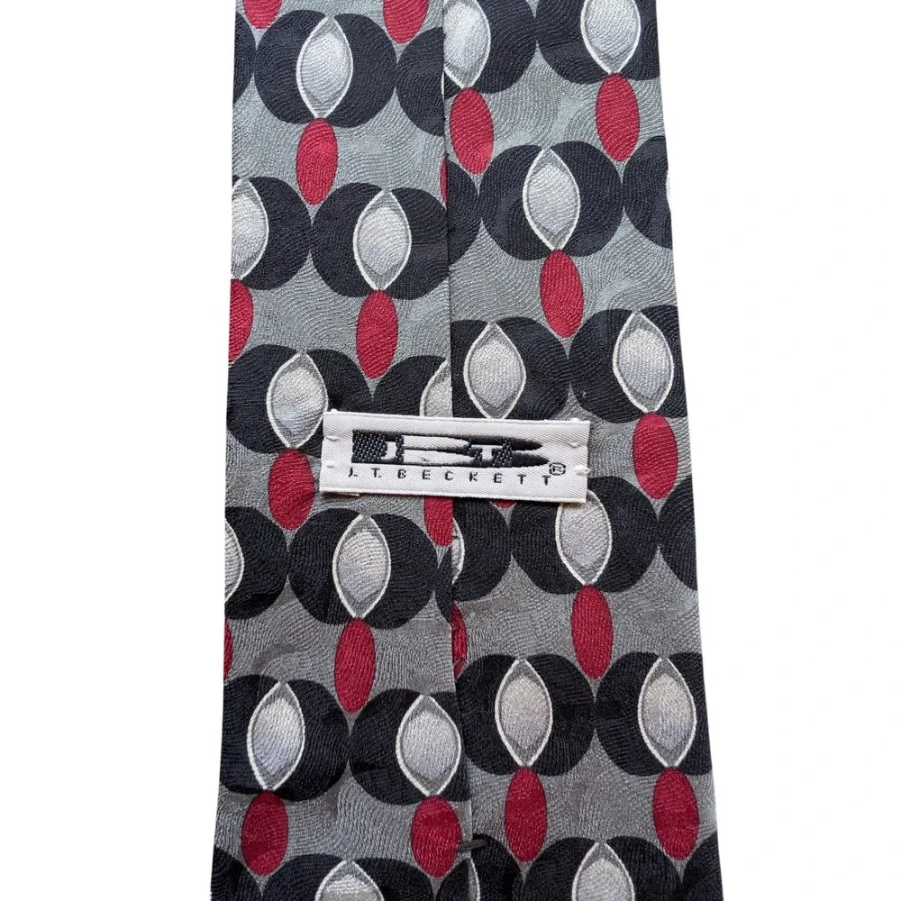 JT Beckett Geometric Silk‎ Tie Grey Black Red Italian Silk Necktie L57.5